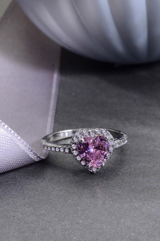 925 Ayar Gümüş Pembe Taşlı Kalp Yüzük Gümüş