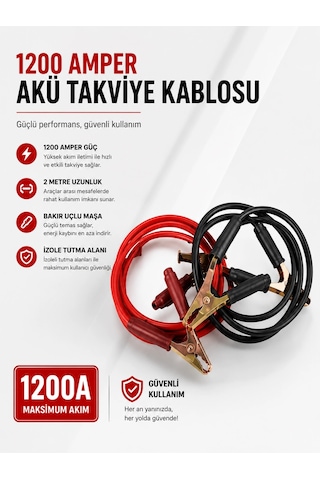 Mey İthalat 1200 Amper Akü Takviye Kablosu 2 Metre Bakır Uçlu