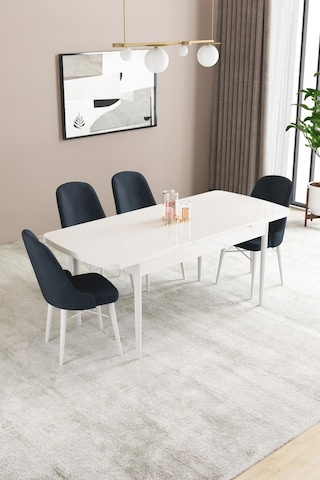 Sar Pakete Almira Serisi, Beyaz 80x132 Açılabilir Mdf Mutfak Masası Takımı 4 Adet Sandalye Antrasit