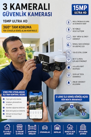 ARM-95W 3 Kameralı Güvenlik Kamerası 15MP Ultra Hd Ptz Hareketli Akıllı Ip Kamera V380 Pro Gece Görüşlü Sesli Dış Mekan