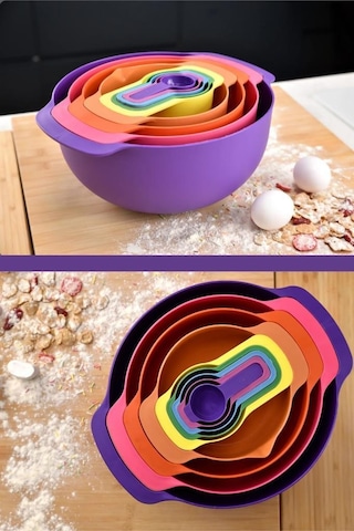 Flora Easy Mix Karıştırma Kabı Seti 9 Parça- Ölçü Kaşığı Ve Süzgeçli Hazırlık Set Mor Çok Renkli