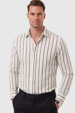 Deepsea Erkek %100 Pamuk Slim Fit Dar Kesim Keten Dokulu Çizgili Uzun Kollu Beyaz Gömlek 2600034