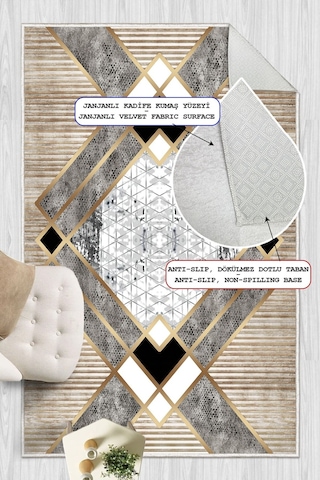 Geometrik Desenli Makinede Yıkanabilir Kaymaz Taban Oturma Odası Salon Halı Koridor Halı Altın