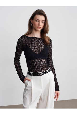 Dilvin 32763 Kayık Yaka Dantel Top-siyah