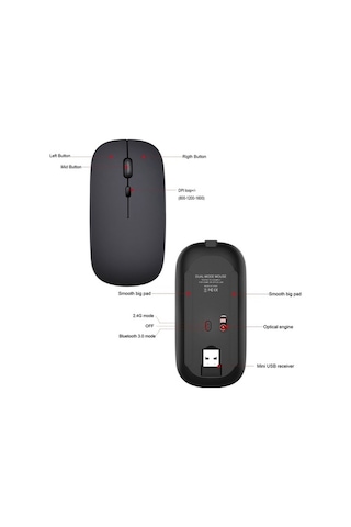 Tongxida M90 2,4 Ghz Super İnce Sessiz Kablosuz Mouse, 2 Modlu, Hızlı Kullanıcı M-90