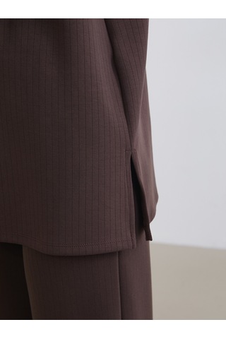 Lcw Everyday Kahverengi Dik Yaka Çizgili Oversize Kadın Tişört