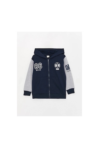 LC Waikiki Lcw Kids Lacivert Kapüşonlu Baskılı Uzun Kollu Erkek Çocuk Fermuarlı Sweatshirt