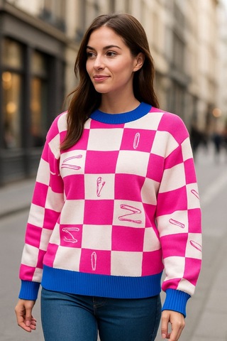 Gönülden Tasarım Pembe Beyaz Triko Oversize Kadın Kazak Renkli