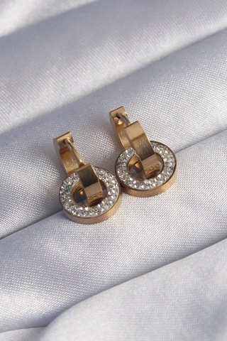 Mey İthalat 316l Çelik Gold Renk Zirkon Taşlı İç İçe Geçmeli Oval Küpe Çok Renkli
