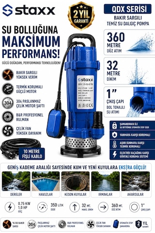 Staxx Qdx1hx 1hp Dalgıç Su Pompası 36 Metre Dik Basma 10 Mt Kablolu Temiz Su Motoru 360mt Yatay