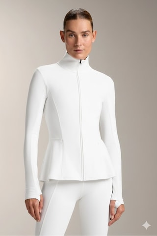 Gugus Kadın Polarlı İçi Termal Light Warm Running Volanlı Fermuarlı Yüksek Yaka Spor Ceket Esnek Activewear Beyaz