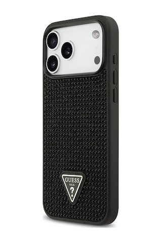 Apple Uyumlu iPhone 17 Pro Max Kılıf Guess Lisanslı Taşlı Arka Yüzey Üçgen Logolu Kapak Siyah