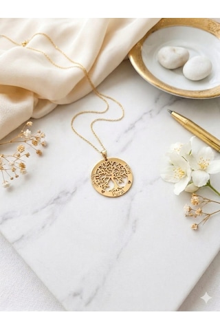 925 Ayar Gümüş Altın İşçilik Kişiye Özel İsimli Tuğba Hayat Ağacı Aile Kolye.rose.gold.rodaj