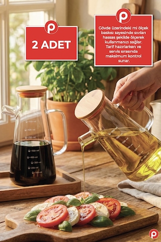 2'li Bambu Kapaklı Borosilikat Cam Yağdanlık Seti 900 Ml - Akıtmaz Cam Yağlık Sirkelik Seti Şeffaf