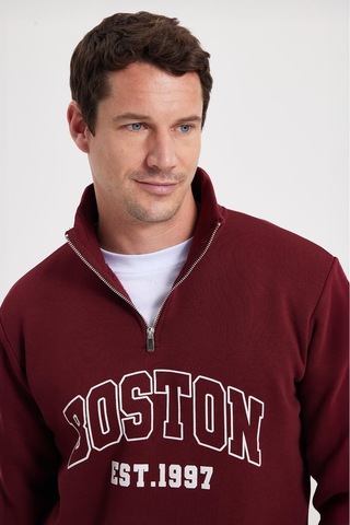 Tudors Erkek Relax Fit Rahat Kesim Pamuklu Yarım Fermuarlı Baskılı Bordo Sweatshirt-42314 Bordo