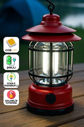 Led Şarjlı Kamp Lambası Işık Dimmer Ayarlı Askılı Portatif Işıldak El Feneri Gece Lamba Kırmızı Pr20 Kırmızı