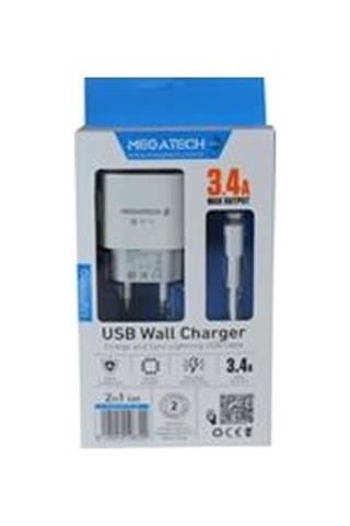 Megatech Cc-03 Mt-cl34 3.4a Lightning Usb Kablo + Ev Şarj Adaptörü Hızlı Şarj