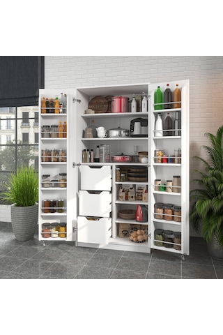 165 Derece Açılabilir 2 Kapaklı, 3 Çekmeceli, Kavanoz Raflı Kiler Ve Erzak Mutfak Dolabı Beyaz