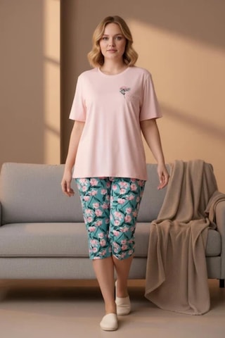 Gd Goldoremi Premium Kadın Büyük Beden Kısa Kollu Bisiklet Yaka Rahat Kalıp Kapri Pijama Takım PEMBE