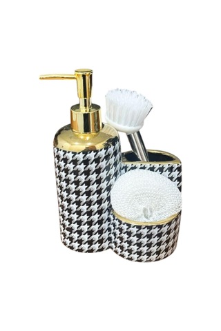 39970 Porselen Mutfak Set Sıvı Sabunluk, 400ml Fırçalı Yaldızlı,.kaz Ayağı Siyah - Beyaz