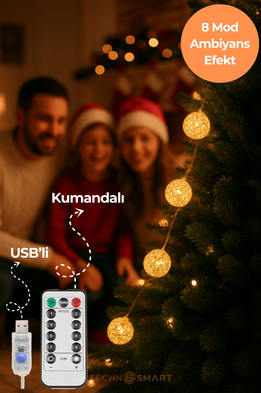 Technosmart 20 Ledli Rattan Top Şerit Led Işık Usb Li Ve Kumandalı, 4m, 8 Mod Dekoratif Aydınlatma Sarı