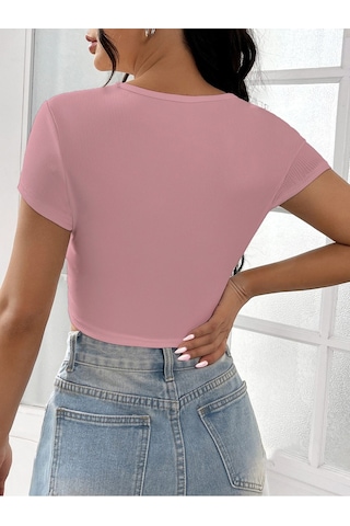 Rooted-kadın Kare & Havuz Yaka Crop T-shirt ,likralı Fitilli Kaşkorse Kumaş Pembe
