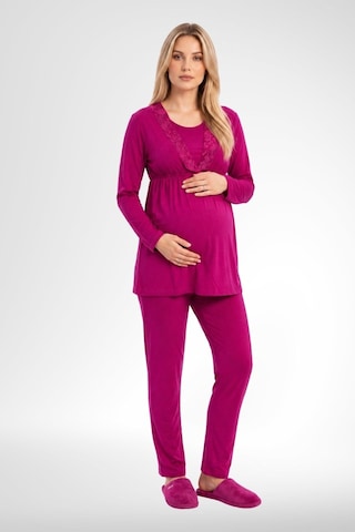 Mecit Pijama Mecit 6406 Fuşya Dantel Sabahlıklı Lohusa Pijama Takımı