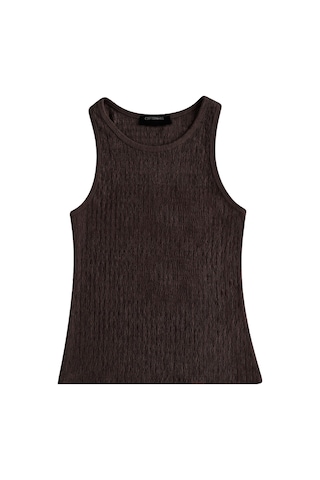 Cottonhıll Premium - Tide Collection Kahverengi Bisiklet Yaka Bürümcük Dokulu Kolsuz Kadın Crop Bluz