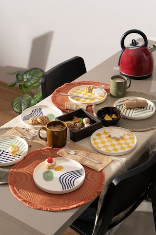 Kevin Seramik Hand Made Modern 6 Kişilik Pasta Tabak Seti &Tatlı Tabak Takımı Beyaz - Yeşil