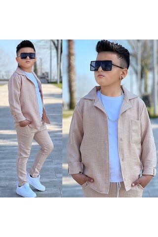 Modavals Kol Katlamalı Keten Gömlek & Beli Lastikli Keten Pantolon & Pamuklu Tshırt & Zincir Aksesuar 4lü Keten Erkek Çocuk Takım Bej