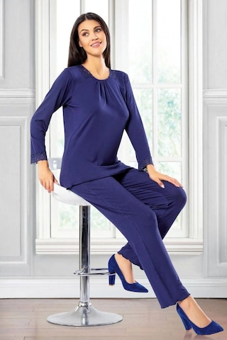Faal 8606 Kadın Uzun Kollu Dantel Detaylı Pijama Takımı-lacivert Lacivert