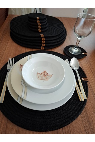 Siyah 6 Kişilik 12 Parça Amerikan Servis, Hasır Supla Takımı, Tab Siyah