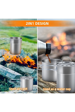 Youmex Katlanabilir Kulplu 2'li Paslanmaz Çelik Kamp Kupası Seti - 700ml & 1000ml - Seyahat & Doğa İçin Gümüş