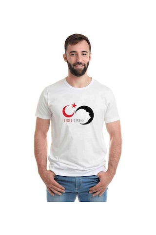 10 Kasım Silüet Turk Bayrağı Baskılı Beyaz Erkek Tshirt