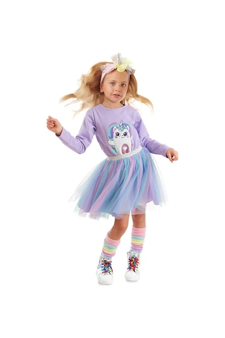 Denokids Gökkuşağı Kedicorn Kız Çocuk Tüllü Tütü Elbise Lila