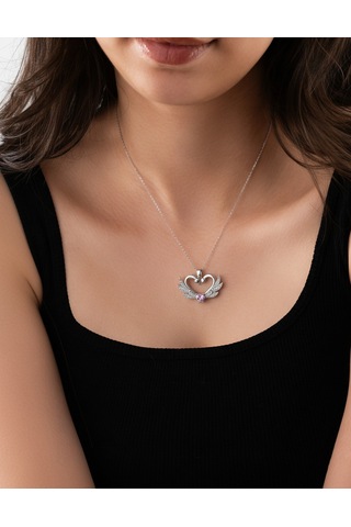 925 Ayar Zirkon Taşlı Rodyum Birleşen Kuğular Kalp Motifli Gümüş Aşk Kolyesi Gümüş - Rodyum