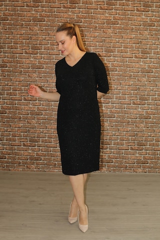 Nidya Moda Büyük Beden Kadın Siyah Simli Abiye Elbise-4009RS Siyah