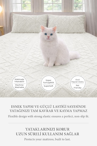 Süper Yumuşak Jakar Kadifemsi Peluş Lastikli Fitted Çarşaf Seti Kaymaz Tek/çift Kişilik Krem Kırık Beyaz