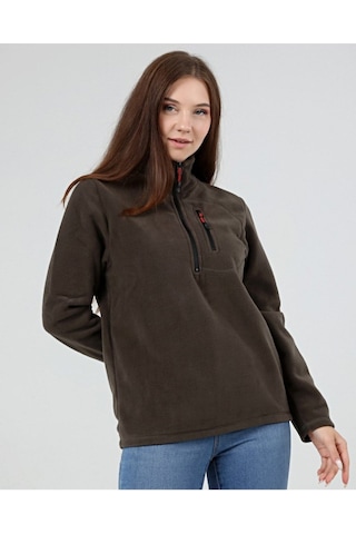 Genius Store Kadın Polar Yarım Fermuarlı Outdoor Cepli Spor Polar Haki