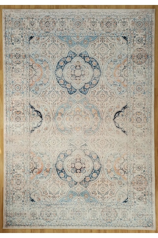 Eskitme Madalyon Desenli Krem Ve Mavi Vintage Salon Halısı - 11643ou Krem - Mavi