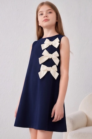 Fesshera Kids Kız Çocuk %100 Pamuk Double Crep Elbise Fiyonk Detaylı Sıfır Kollu Düğme Kapamalı Özel Gün Elbisesi Lacivert