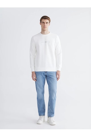 LC Waikiki Lcwaıkıkı Classic Beyaz Bisiklet Yaka Baskılı Erkek Kalın Sweatshirt Ecru