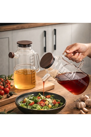 Porsima Lm-0107 Evora Kapaklı Borosilikat Cam 2li Yağlık Sirkelik Yağdanlık Seti 1000ml Şeffaf