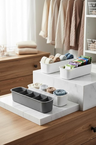 5 Bölmeli Çekmece İçi Organizer 2li Set Dolap Düzenleyici Kutu Gri Beyaz Çok Amaçlı Banyo Makyaj Çorap Düzenle Çok Renkli