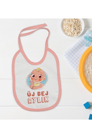BK Kids Üj Bej Aylık Tasarımlı Pembe Bebek Mama Önlüğü-1 Bej