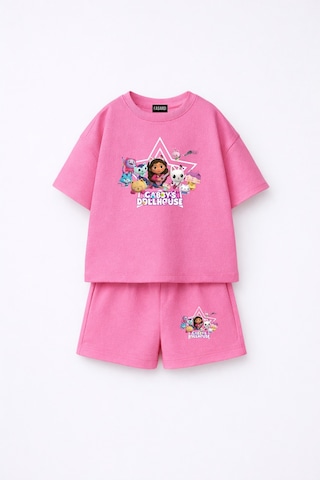 Fasardi Gabby's Dollhouse / Gabby'nin Hayal Evi Baskılı Oversize %100 Pamuk Tişört Şort 2li Çocuk Takım Pembe