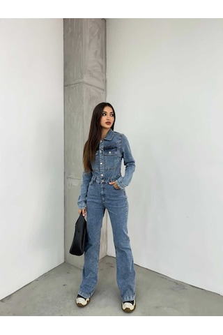 Shevega Kadın Mavi Ispanyol Paça Ceketli Denim Tulum Mavi