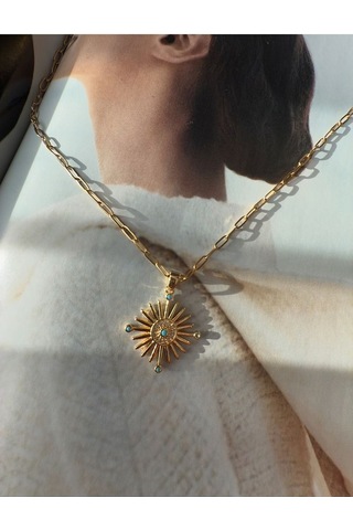 Firüze Taşlı Güneş Kararmaz Çelik Kadın Gold Kolye Modern Ve Şı Altın