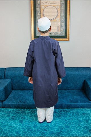 Lacivert Buhara Yaka Namaz Elbisesi Erkek Çocuk Cübbe Lacivert