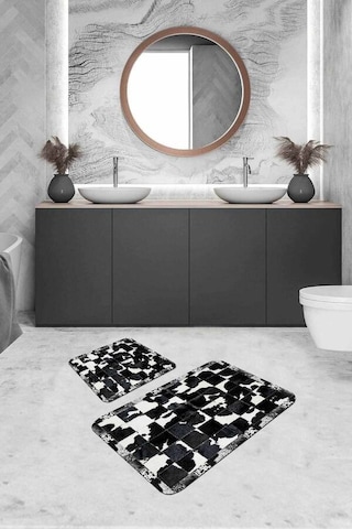 Siyah Deri Görünümlü Banyo Halısı Klozet Paspas Seti Bs329n11